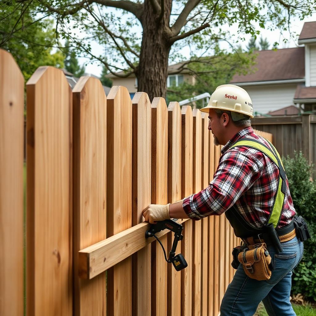 Fencing tradesperson at work on site